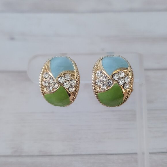 Vintage Jewelry - Vintage Clip On Earrings Blue & Green Enamel Gold Tone Clear Gems
